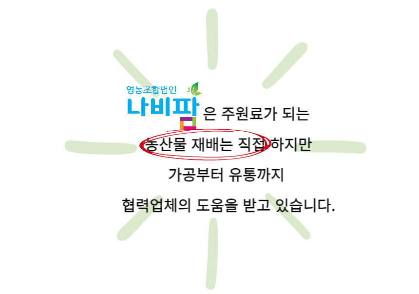 영농조합법인 나비팜은 주원료가 되는 농산물 재배는 직접 하지만 가공부터 유통까지 협력업체의 도움을 받고 있습니다.